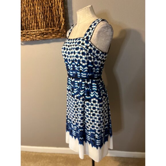 Adrianna Papell A Line Dress 4 Blue Black White Ikat Print Sleeveless Summer NEW - Picture 6 of 8